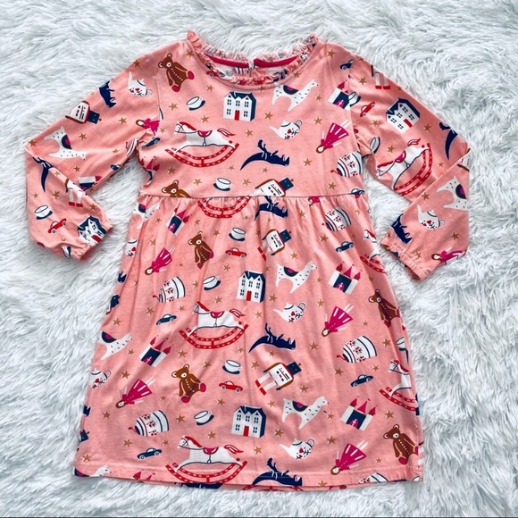 New✨ Girls Pink & Navy Toy Box 🧸 All Over Print Ruffle Neck Boutique Dress 🎀 - Picture 3 of 7